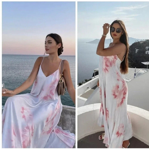 ZARA WOMAN TIE-DYE DRESS Size Medium Pink Blue FLOWING MIDI STRAPPY SATIN Summer - Picture 5 of 16